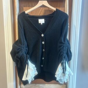 Cinq à Sept Black Sweater with Silk and Lace Sleeve Detail